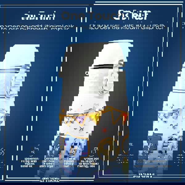 A white water bottle with a flip top opens one-handed via a simple click. The bottle features colorful graphics and is described as "Slim Thermal," "One Touch," and 100% leakproof with triple lock security.