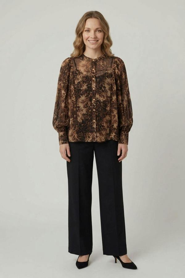 Brown | Animal Print Balloon Sleeve Shirt