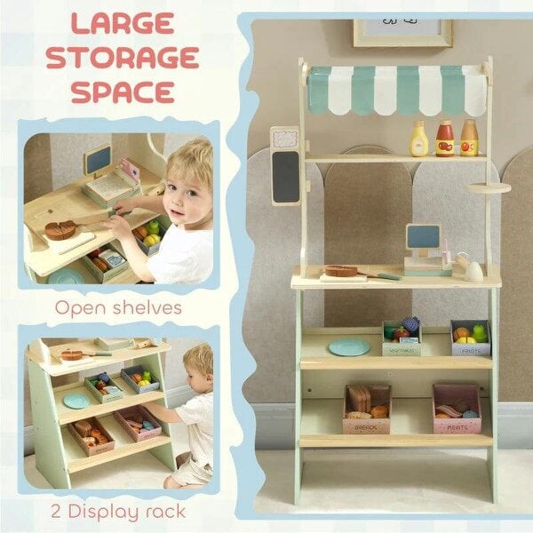 Bobobiy Wooden Toy Shop, Wooden Market Stall with Cash Register, Blackboard and Toy Food, 4 Storage Boxes, Ages 3+, Green
