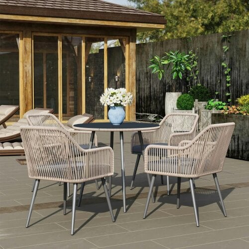 Bobobiy 4 Seater Rattan Dining Set, Rattan Garden Set with Parasol Hole, Outdoor Dining Table and Chairs Set with Cushions, Light Brown