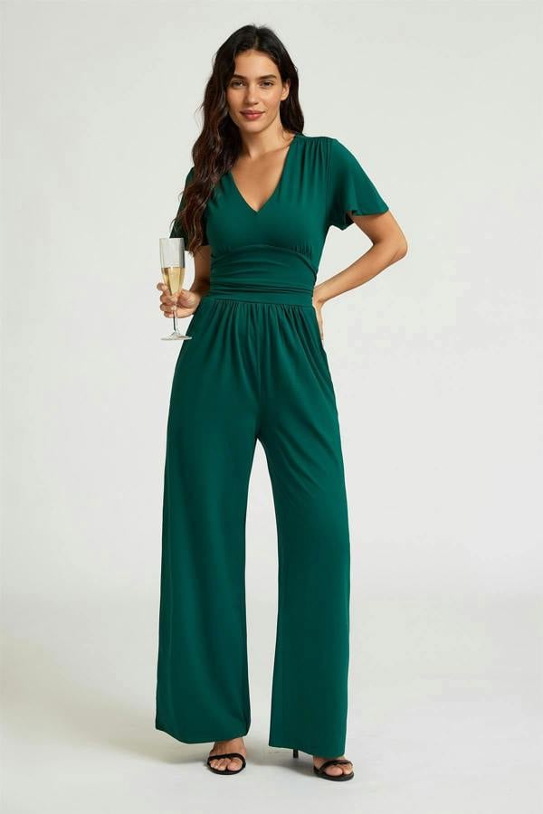 FS Collection Easy Peezy Design V-Neck Ruched Waist Jumpsuit In Green