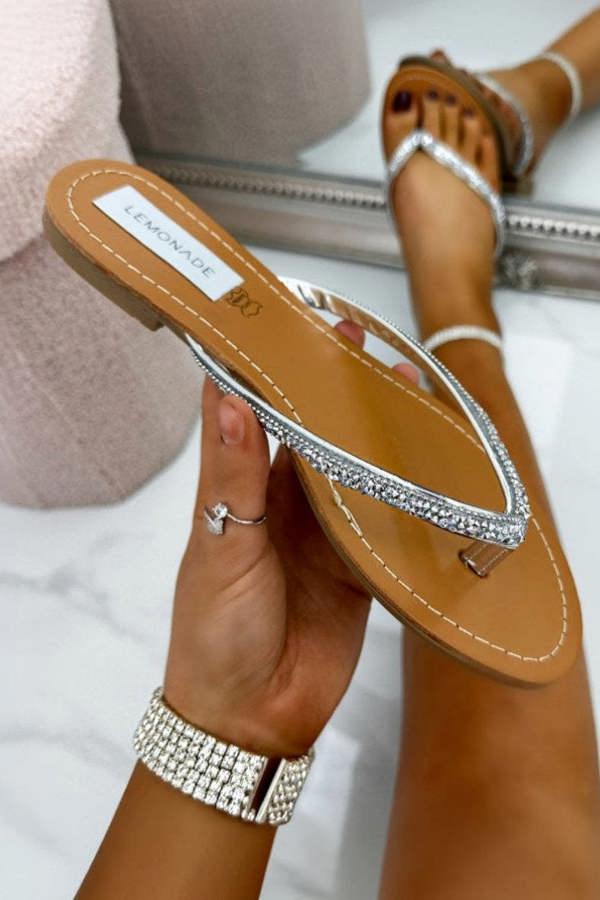 Love Lemonade Crystal Sparkle Flip Flops Silver