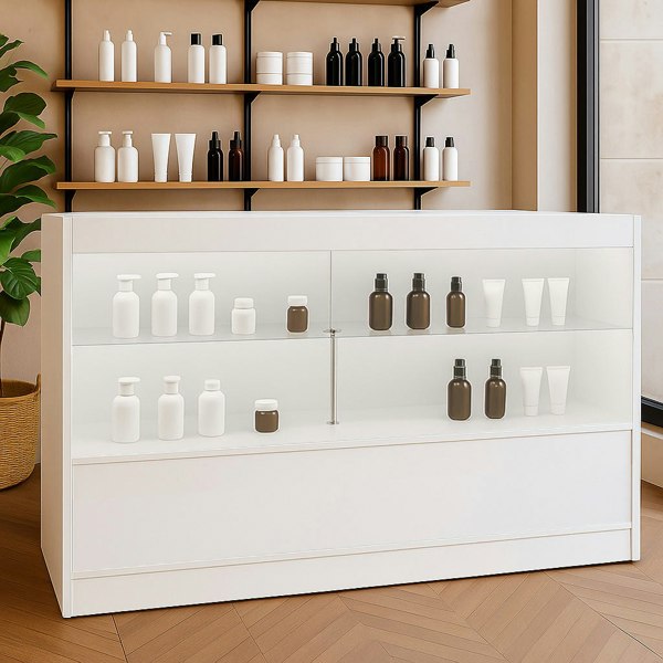 LED retail shop counter C1500 in white, featuring glass display shelves showcasing various skincare products and a modern design