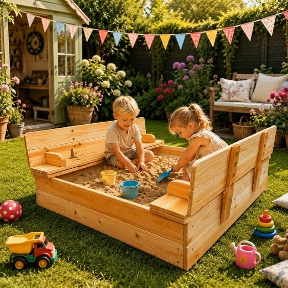 Neo Outdoor Wooden Kids Sandbox Sandpit Folding Bench Lid