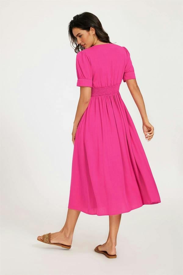 FS Collection Button Front Short Sleeve Midi Dress In Hot Pink