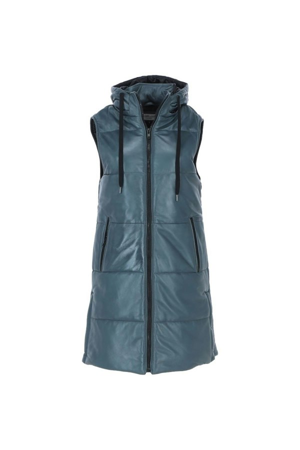 'Giacca' Ashwood Leather Long Gilet with Detachable Hood: Gillet Long