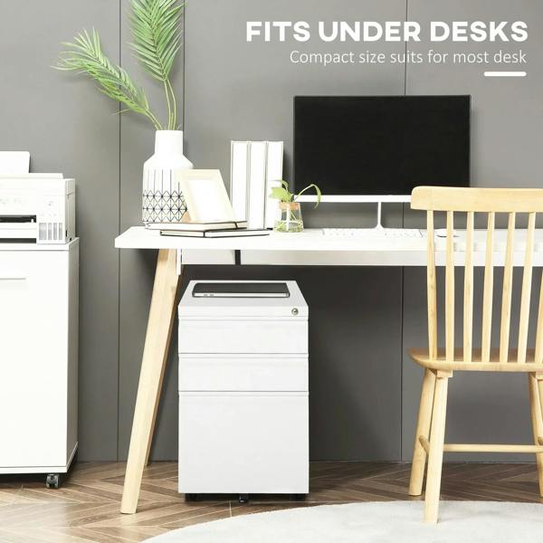 White mobile metal filing cabinet that fits under a desk with caster wheels.