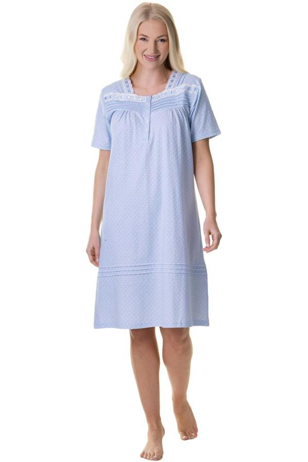 Womens 100% Cotton Blue Short Sleeve White Polka Dot Nightdress