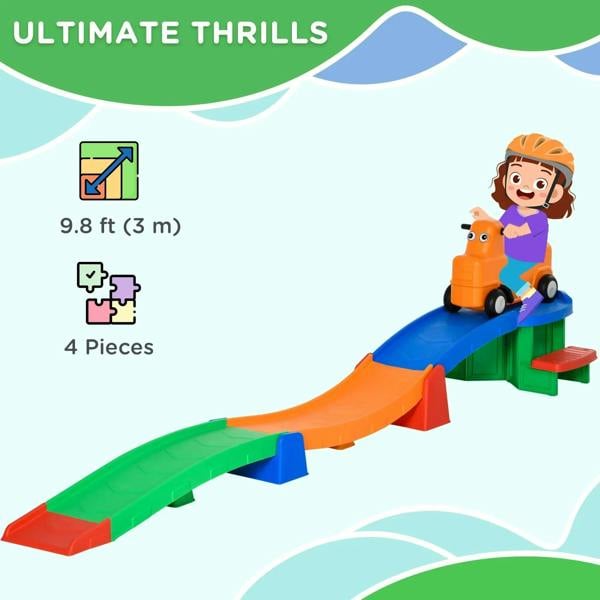 Kids ride-on roller coaster with orange car on blue ramp and green platform steps