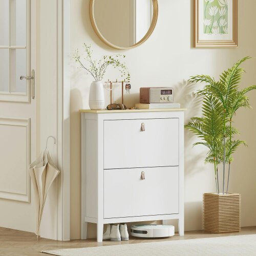 Wyld Haus Rimi Wooden White and Natural 2 Drawer Shoe Cabinet Faux Leather Handles