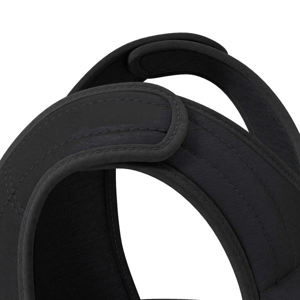 Black weighted vest shoulder strap with stitched edges and padded inner lining