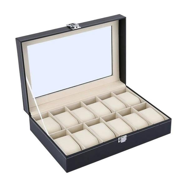 Dyzi 12 Slot Faux Leather Watch Box Transparent Lid Velvet Lined Organiser