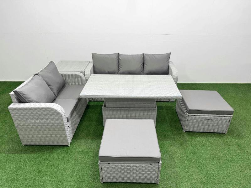 Fimous 7 Seater Rattan Patio Set, Outdoor Furniture, Adj Height Table, 3 Seater Sofa, Love Sofa, 2 Big Footstools and Side Table, Light Grey