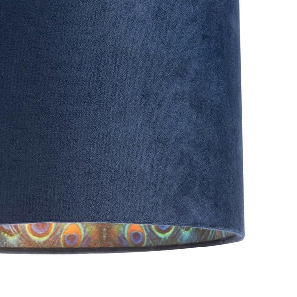Midnight Blue Velvet Lamp Shade with Colourful Peacock Feather Inner Image 4
