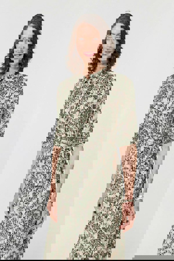 Green | Baroque Print Tie Waist Midi Shirt Dress
