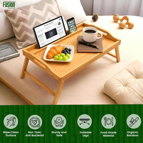 Fusion Food Care Bed Tray Table with Folding Legs – Organic Bamboo & MD Built-in Side Handles Lap Tray for Eating, Reading & Working