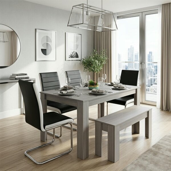 Kosy Koala Dining Table Set with 4 Black Faux Leather Chairs & Bench, Light Grey Arrow Pattern, 140cm