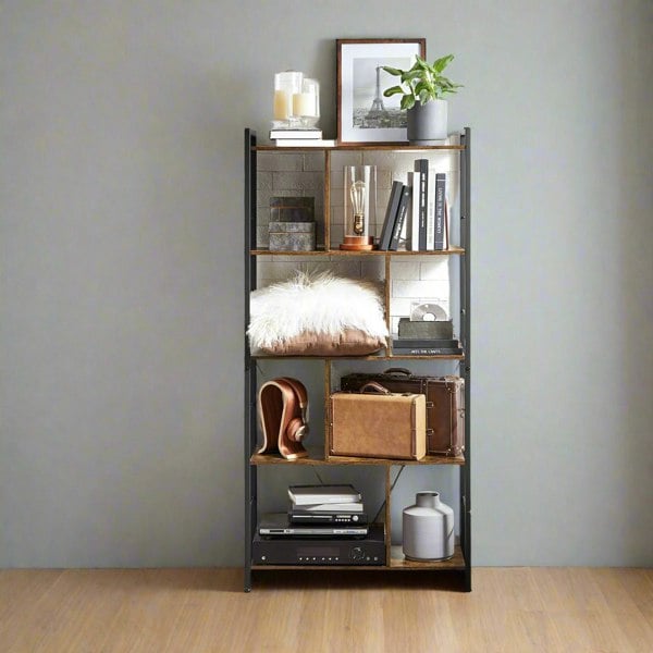 Modcraft Bookshelf 5 Tier Rustic Brown Industrial Storage Shelf for Living Room Bedroom or Office