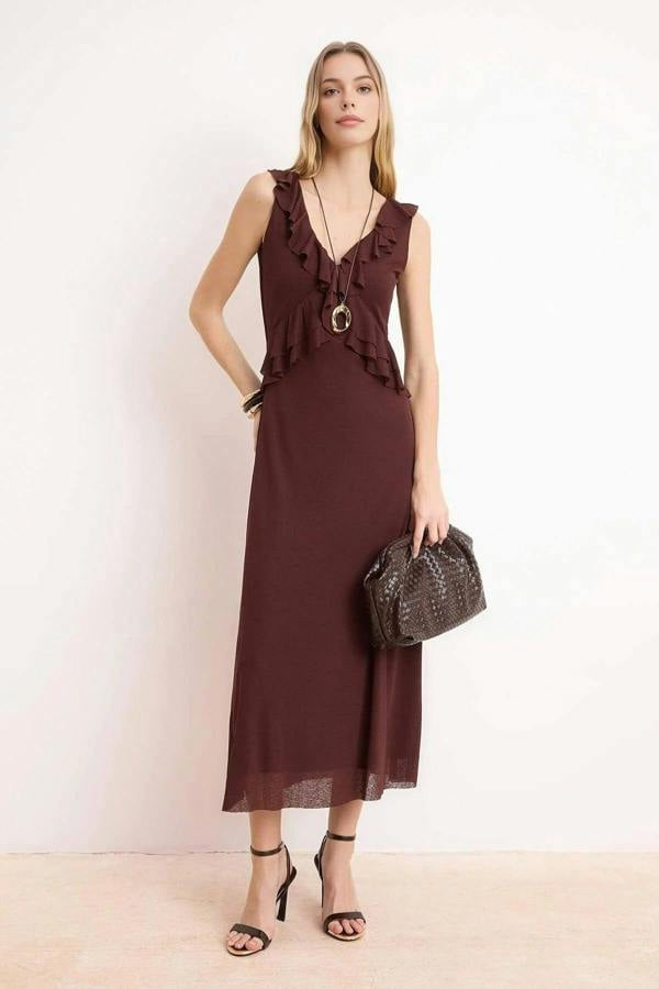WOVCOR A-Line V-Neck Sleeveless Fruffled Midi Knit Dress