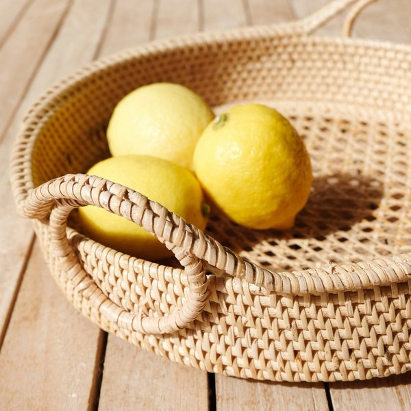 Handwoven natural rattan wicker fruit basket round kitchen dining