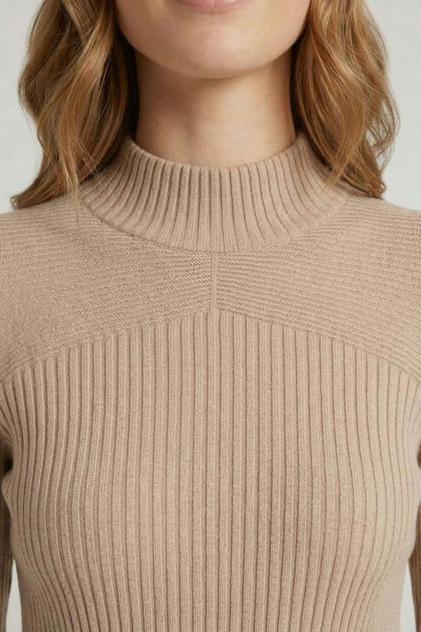 Beige | Striped Texture High Neck Slim Knit Top
