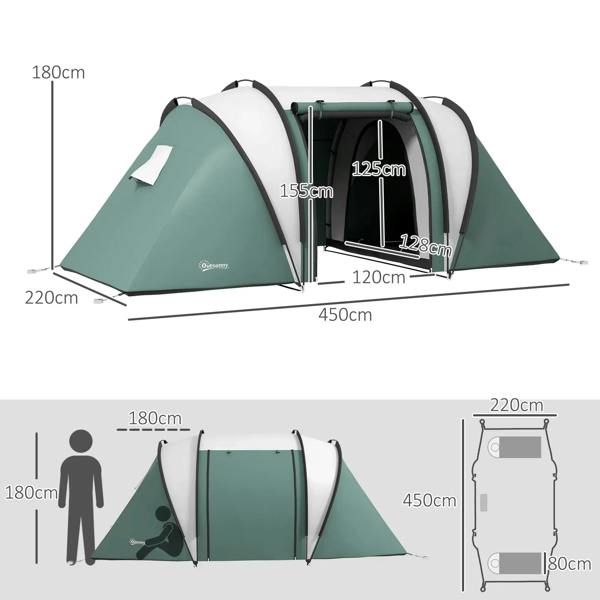 Two-room dark green tent with labeled dimensions for width, height, and length