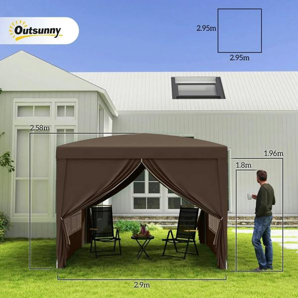Coffee pop up gazebo with open front, draped curtains, and large window panels