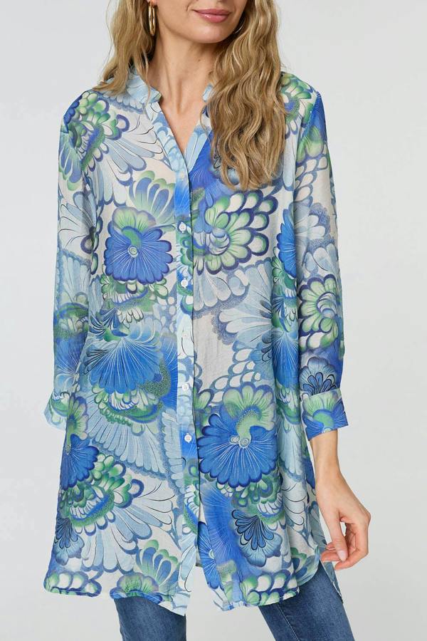 Blue | Floral Semi Sheer Longline Shirt 
