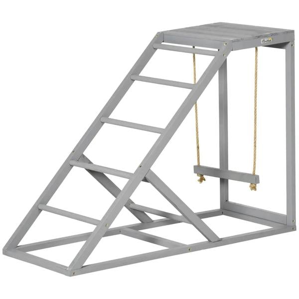 Grey wooden chicken coop toy with ladder ramp and hanging swing platform frame.