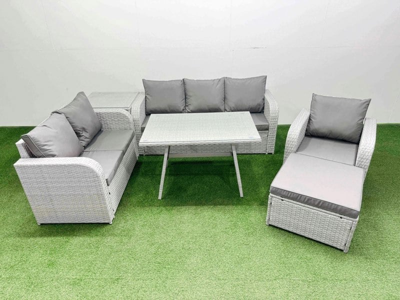 Fimous Rattan High Back Lounge Sofa Set Patio Dining Table & Chairs Set with 3 Seater Sofa Reclining Chair Side Table Big Stool Light Grey