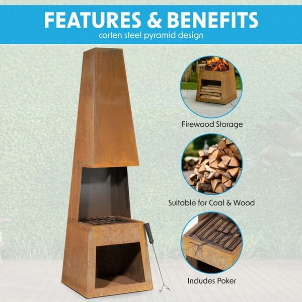 45x150cm CORTEN STEEL Chininea Wood Burner - Firewood Storage Garden Heater Rust - LoopsDirect