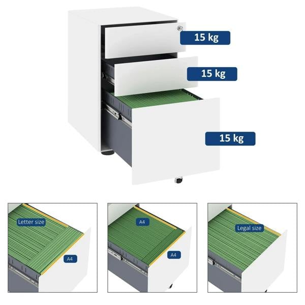 White rolling filing cabinet with three open drawers holding document folders
