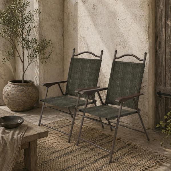 Wyld Haus Covani Set Of 2 Metal Dark Brown Folding Garden Chairs With Fabric Mesh Seats