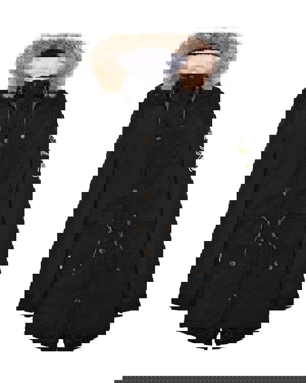 Lambretta Mens/Womens Carnaby Scooter Hooded Classic Mod Ska Badge Parka, black hooded jacket with faux fur trim and multiple front pockets.