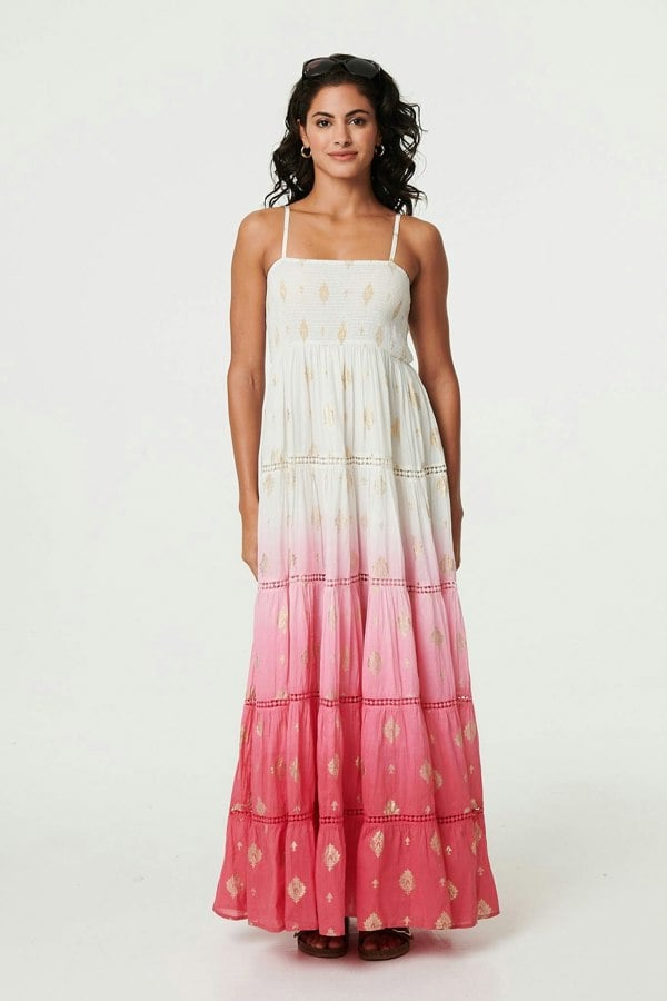 Pink | Ombre Print Tiered Sleeveless Maxi Dress
