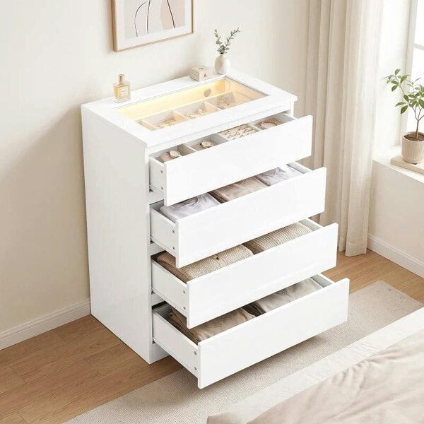 High Gloss 4 Drawer Chest of Drawers with Glass Top and RGB LED Lights, Dresser with Jewelry Organizer, APP Control
