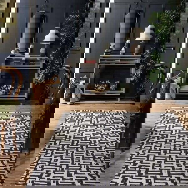 The Rugs Geometric Design Labyrinth Wool Rug - Black & Ivory