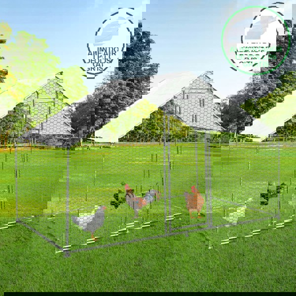 Durable chicken run measuring 3m x 2m x 2m, featuring a sturdy metal frame, hexagonal mesh, and a protective roof, with chickens inside