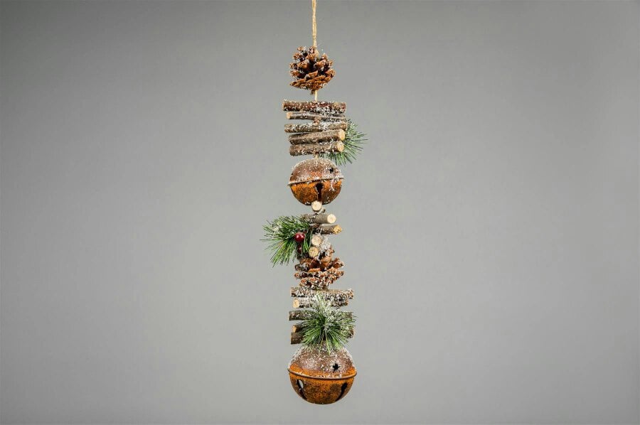 Shatchi 50 cm Rustic Hanging Decoration with Jingle Bells, Wooden Sticks, Berries and Pinecones for Christmas Home, Wall or Door Display