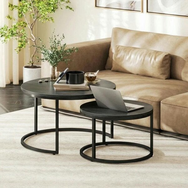 Set of Two Wood-Effect Stacking Tables - Black Wood Grain - Black Wood Grain