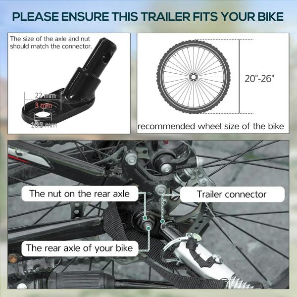 Bike trailer connection area with hitch connector and axle nut, plus wheel-size diagram