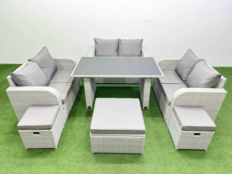 Fimous 9 Seater Patio Garden Furniture Sets with Black Glass Top Dining Table Love Sofa 3 Stool Light Grey