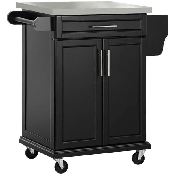 Black kitchen island serving cart with stainless steel top, drawer, side handle, wheels