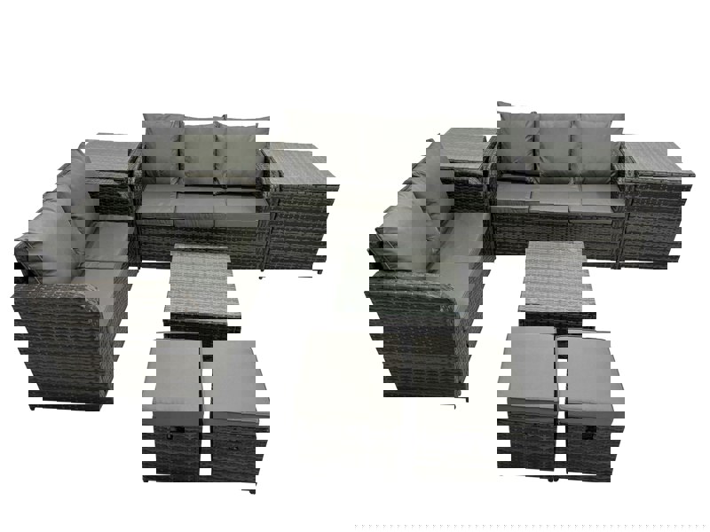 Fimous Wicker PE Rattan Garden Outdoor Furniture Set Love Sofa Square Coffee Table Set with 2 Side Tables 2 Small Stools Dark Grey Mixed