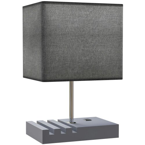 Wyld Haus Kata Wood And Fabric Grey Bedside Table Lamp With USB Charging Ports Phone Stands And Fabric Shade