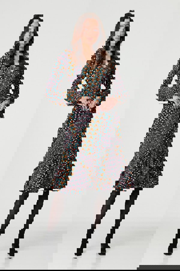 Black | Patchwork Print Ruffled Wrap Dress