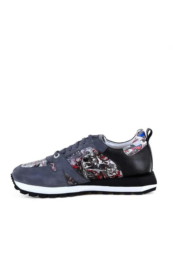 VINTAGE MOTORBIKE PRINTED LEATHER AND SUEDE TRAINERS - Premium Men's Patterned Shirt by Claudio Lugli | Bold Design, Tailored Fit, Best Printed Shirts