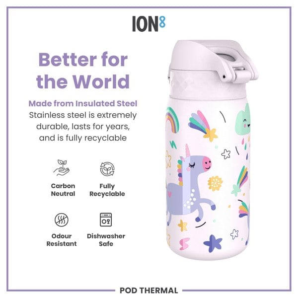 ION8 Leak Proof Thermal Steel Water Bottle, Insulated Steel, Unicorns, 320ml (11oz)