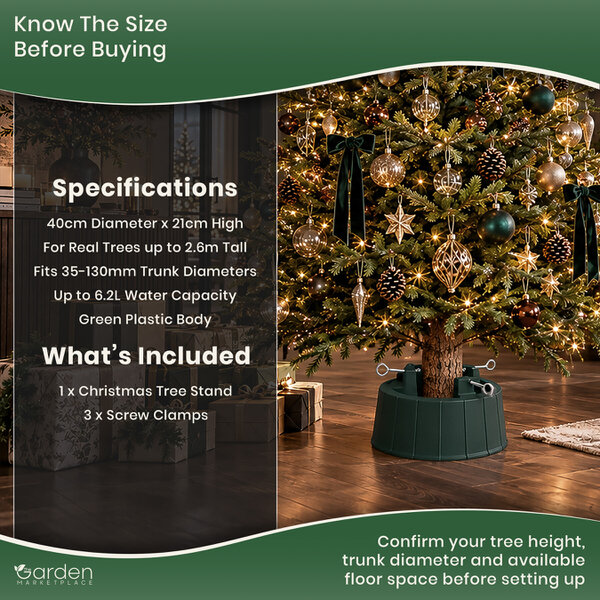 Large Trunk Christmas Tree Stand with Large Water Tank, For Trees up to 2.6m Tall, 3 Screw Clamps for 35–130mm Trunks, 6.2L Capacity, 40cm Diameter