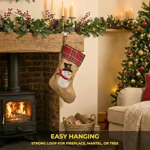 Large Snowman Christmas Stocking in Brown Hessian, 45cm Tall with 26cm Opening image 7